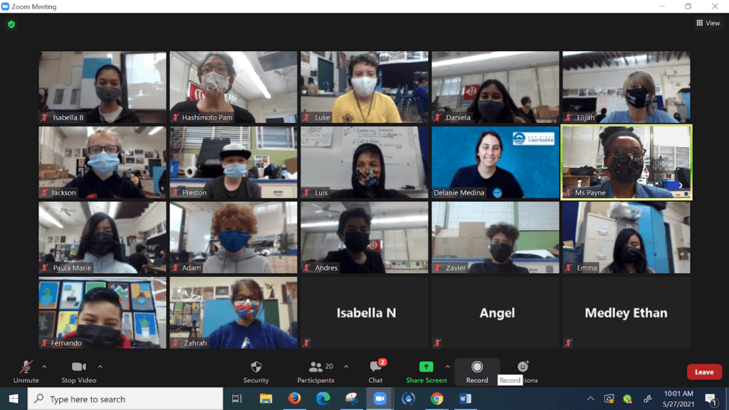 A screencapture of a Zoom meeting with faces of students and Coastkeeper staff wearing masks