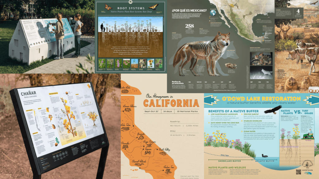 A mood board helps define and communicate our vision and set the tone and direction for the interpretive signs project.
