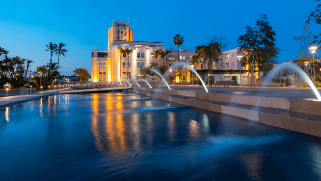 Water fountains in front of San Diego County building